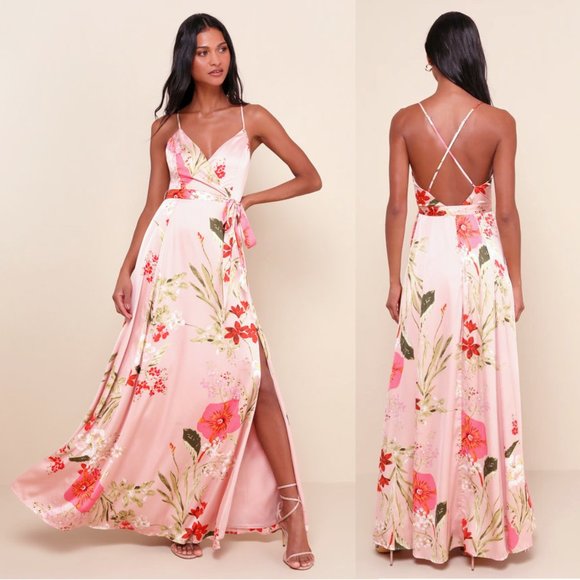 Lulus Dresses & Skirts - Lulus Still the One Faux Wrap Floral Print Satin Maxi Dress w/V-Neck Blush Pink